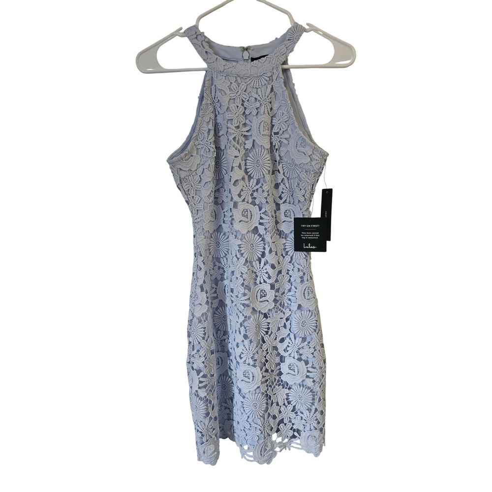 Lulus Love Poem Light Blue Mini Floral Lace Coquette Halter Dress XS NWT